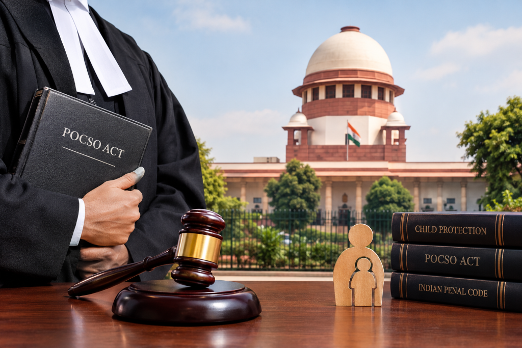 POCSO lawyer in the Supreme Court, illustrating legal documents, law books and the Indian Supreme Court in the context of child protection law.